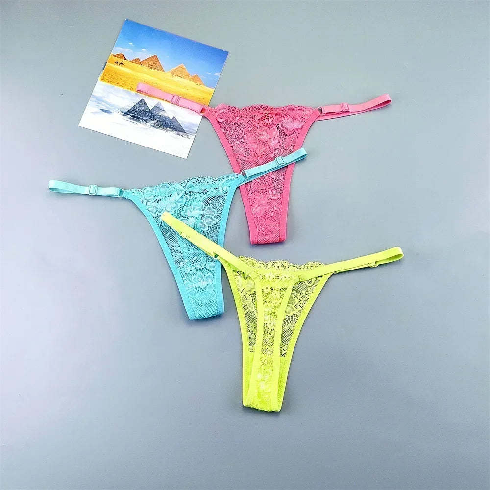 3PCS Einstellbare Sexy Transparent Tanga Höschen Frauen Spitze Unterwäsche Niedrige Taille Weibliche T-zurück String Unterhose